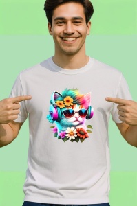 Tricou Pisica curcubeu cu casti si flori galbene fundal alb Copii | Dama | Barbat - Img 2