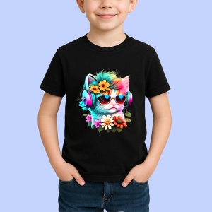 Tricou Pisica curcubeu cu casti si flori galbene fundal alb Copii | Dama | Barbat, culoare negru - Img 4