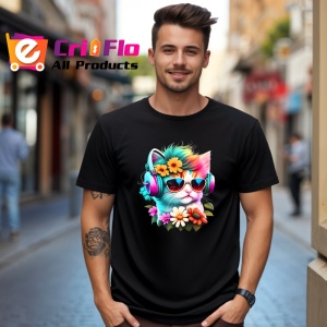 Tricou Pisica curcubeu cu casti si flori galbene fundal alb Copii | Dama | Barbat, culoare negru - Img 6