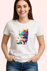 Tricou Pisica curcubeu cu floare galbena si fundal alb Copii | Dama | Barbat - Img 3