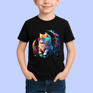 Tricou Pisica curcubeu cu flori albastre pe luna aurie Copii | Dama | Barbat, culoare negru - Img 4