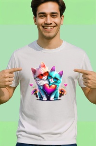 Tricou Pisica curcubeu pe luna aurie si flori fundal alb Copii | Dama | Barbat - Img 2
