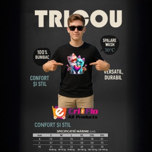 Tricou Pisica curcubeu pe luna aurie si flori fundal alb Copii | Dama | Barbat, culoare negru - Img 7