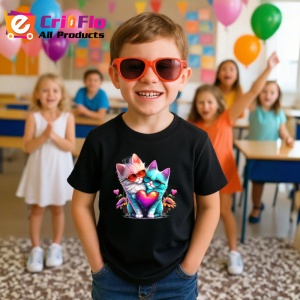 Tricou Pisica curcubeu pe luna aurie si flori fundal alb Copii | Dama | Barbat, culoare negru - Img 11