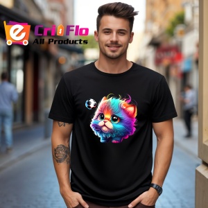 Tricou Pisica curcubeu pufoasa cu minge de fotbal Copii | Dama | Barbat, culoare negru