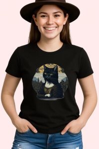 Tricou Pisica eleganta cu privire atenta si fundal pictat Copii | Dama | Barbat, culoare negru - Img 3
