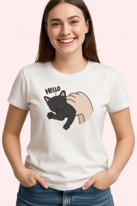 Tricou Pisica Gri Amuzanta Hello Fundal Inchis, din bumbac 100% , tricou alb pentru Copii | Dama | Barbat - Img 2