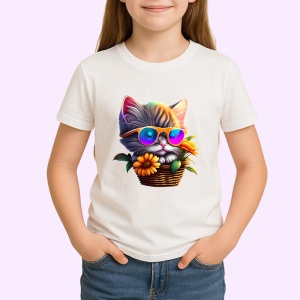 Tricou Pisica gri cu ochelari roz si floare galbena Copii | Dama | Barbat