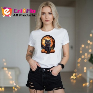 Tricou Pisica Gri Halloween Dovleci Luna Plina, din bumbac 100% , tricou alb pentru Copii | Dama | Barbat - Img 7