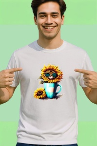 Tricou Pisica in cana galbena cu floarea soarelui si ochelari Copii | Dama | Barbat - Img 2