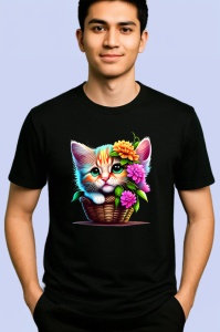 Tricou Pisica in cos cu flori imagine adorabila si vesela Copii | Dama | Barbat, culoare negru - Img 2