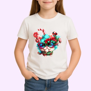 Tricou Pisica in pijama Craciun cu baston si decoratii Copii | Dama | Barbat - Img 3