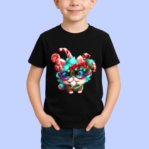 Tricou Pisica in pijama Craciun cu baston si decoratii Copii | Dama | Barbat, culoare negru - Img 3