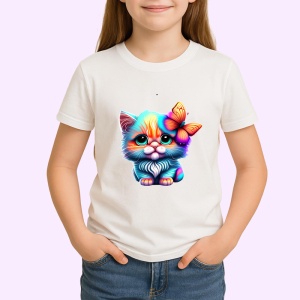 Tricou Pisica pastel cu ochi mari si fluture pe cap Copii | Dama | Barbat