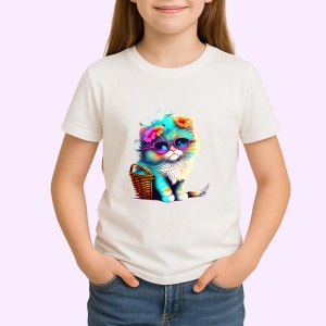 Tricou Pisica pufoasa alba cu ochelari si flori colorate Copii | Dama | Barbat - Img 4