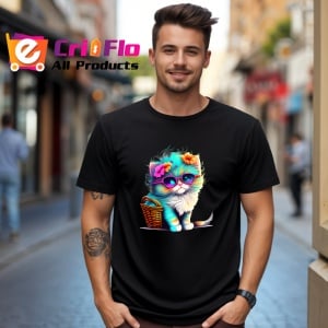 Tricou Pisica pufoasa alba cu ochelari si flori colorate Copii | Dama | Barbat, culoare negru - Img 5