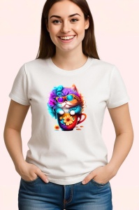 Tricou Pisica pufoasa cu flori si cana rosie Copii | Dama | Barbat - Img 3