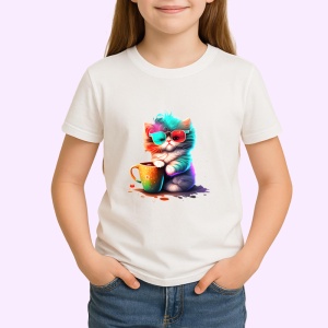 Tricou Pisica pufoasa cu ochelari si cana portocalie Copii | Dama | Barbat - Img 4