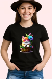 Tricou Pisica relaxata cu ochelari rosii in cos floral Copii | Dama | Barbat, culoare negru - Img 3