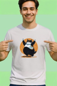 Tricou Pisica rotunda neagra cu fundal solar portocaliu Copii | Dama | Barbat - Img 2