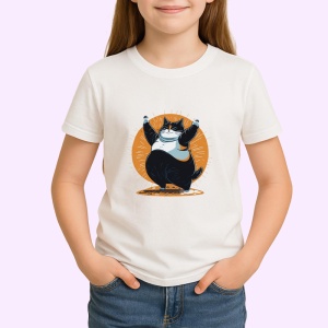 Tricou Pisica rotunda neagra cu fundal solar portocaliu Copii | Dama | Barbat