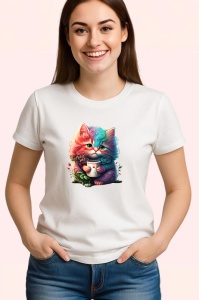 Tricou Pisica roz cu cana si flori fundal artistic Copii | Dama | Barbat