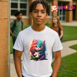 Tricou Pisica roz cu cana si flori fundal artistic Copii | Dama | Barbat - Img 4