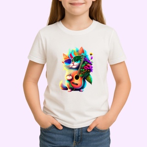 Tricou Pisica roz cu chitara galbena si flori portocalii Copii | Dama | Barbat - Img 4