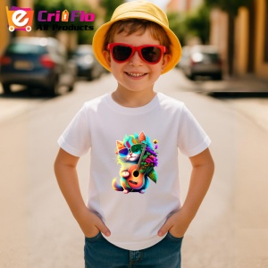 Tricou Pisica roz cu chitara galbena si flori portocalii Copii | Dama | Barbat - Img 10