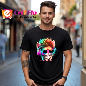 Tricou Pisica stil disco cu ochelari mari si casti colorate Copii | Dama | Barbat, culoare negru - Img 5