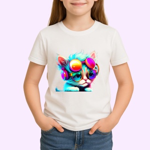 Tricou Pisica techno cu ochelari roz si casti mov Copii | Dama | Barbat - Img 3