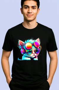 Tricou Pisica techno cu ochelari roz si casti mov Copii | Dama | Barbat, culoare negru - Img 2