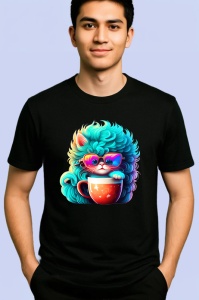 Tricou Pisica turcoaz cu ochelari si cana rosie fundal alb Copii | Dama | Barbat, culoare negru - Img 2