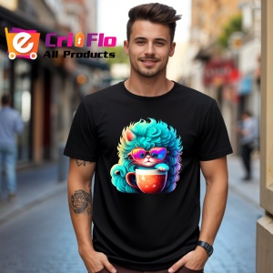 Tricou Pisica turcoaz cu ochelari si cana rosie fundal alb Copii | Dama | Barbat, culoare negru - Img 6