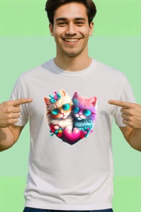 Tricou Pisici inlantuite de inima si flori fundal alb Copii | Dama | Barbat - Img 2