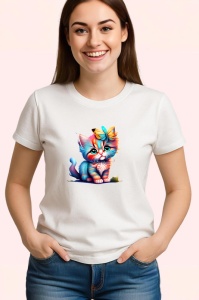 Tricou Pisicuta adorabila cu ochi mari si flori pastel Copii | Dama | Barbat - Img 3