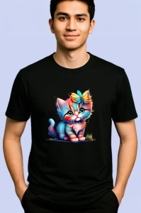 Tricou Pisicuta adorabila cu ochi mari si flori pastel Copii | Dama | Barbat, culoare negru - Img 2