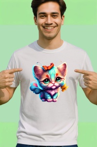 Tricou Pisicuta albastra cu fundita si fluture portocaliu Copii | Dama | Barbat - Img 2