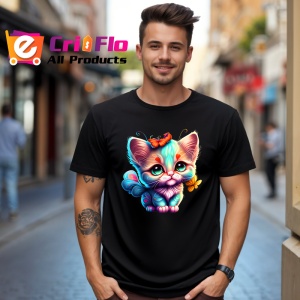 Tricou Pisicuta albastra cu fundita si fluture portocaliu Copii | Dama | Barbat, culoare negru - Img 6