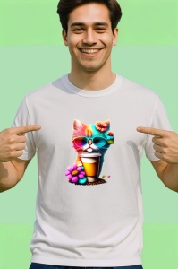 Tricou Pisicuta cu cana cafea si flori mov galbene Copii | Dama | Barbat - Img 2