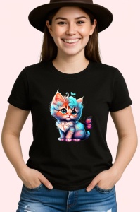 Tricou Pisicuta cu coada albastra si fluture fundal curat Copii | Dama | Barbat, culoare negru