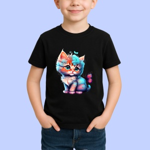 Tricou Pisicuta cu coada albastra si fluture fundal curat Copii | Dama | Barbat, culoare negru - Img 3