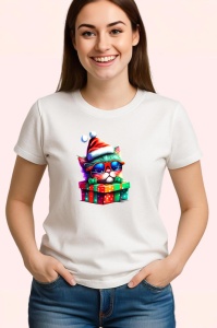 Tricou Pisicuta cu ochelari si cadou Craciun fundal negru Copii | Dama | Barbat - Img 3