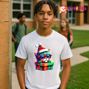 Tricou Pisicuta cu ochelari si cadou Craciun fundal negru Copii | Dama | Barbat - Img 5