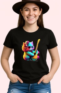 Tricou Pisicuta curcubeu cu chitara fundal alb Copii | Dama | Barbat, culoare negru - Img 3