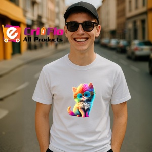 Tricou Pisicuta curcubeu cu fundal negru si ochelari rotunzi Copii | Dama | Barbat - Img 6