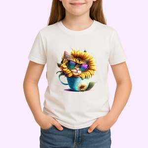 Tricou Pisicuta gri cu floarea soarelui si cana curcubeu Copii | Dama | Barbat - Img 3