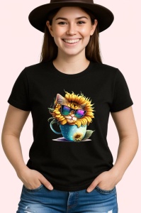 Tricou Pisicuta gri cu floarea soarelui si cana curcubeu Copii | Dama | Barbat, culoare negru - Img 3
