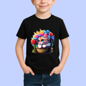 Tricou Pisicuta in cos cu flori si par in culori vibrante Copii | Dama | Barbat, culoare negru - Img 4