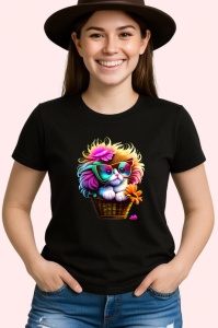 Tricou Pisicuta in cos cu ochelari si floare roz Copii | Dama | Barbat, culoare negru